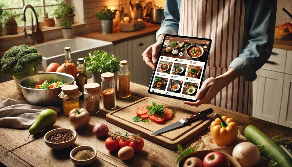 A beautifully styled plate of gourmet food placed on a rustic wooden table. The dish features vibrant colors and textures, with a mix of fresh vegetables, herbs, and grains. Surrounding the plate are elements like recipe cards, measuring cups, and a smartphone displaying a recipe, symbolizing culinary exploration and innovation.